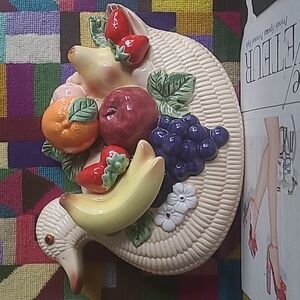 VINTAGE MAJOLICA CERAMIC DUCK FRUIT BASKET WALL HANGING
